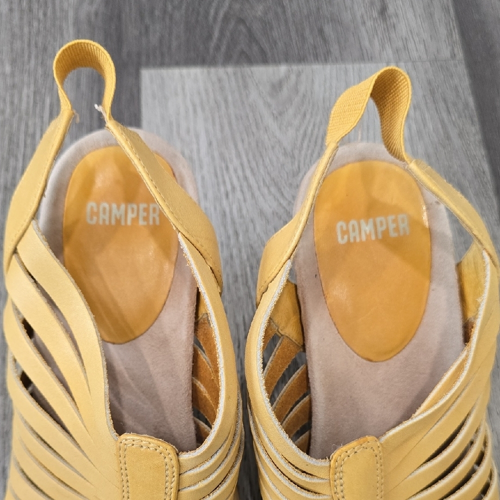Camper Rachel Yellow Woven Slingback Wedge Sandals Wood Block - Picture 6 of 10